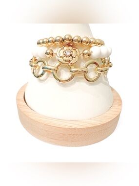 Gold and White Flower Charm Bracelet Set - Women Jewelry - Three Piece Set